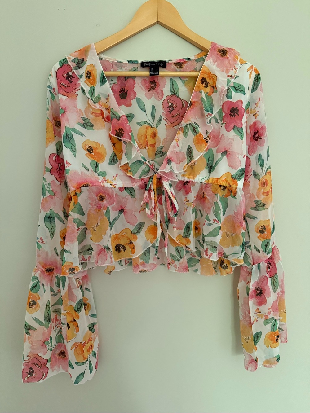 Floral Tie-Front Sheer Blouse - Pink & Yellow